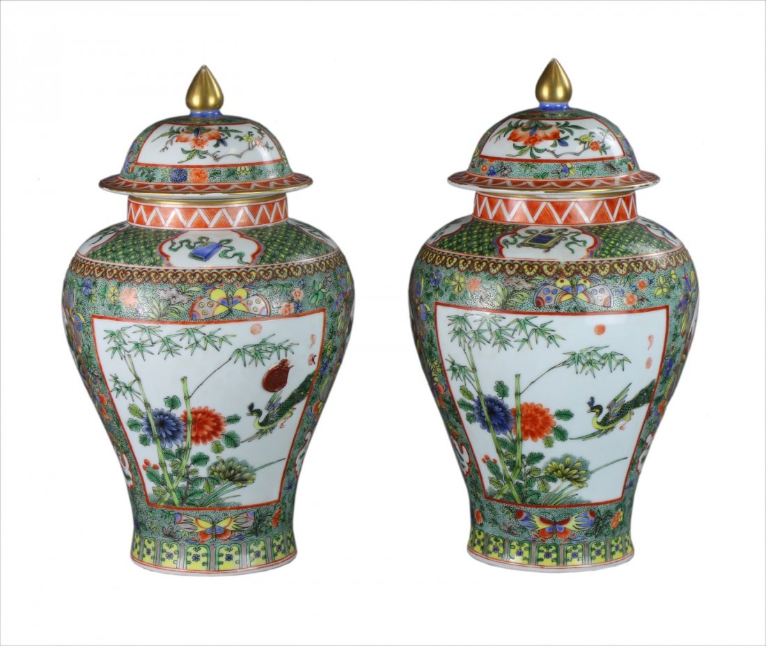 Pair Chinese Antique Famille Rose Lidded Porcelain: 康熙款五彩開窗花鳥紋將軍罐一對Pair Chinese Antique Famille Rose Lidded Porcelain Vases: Of Baluster Form, The