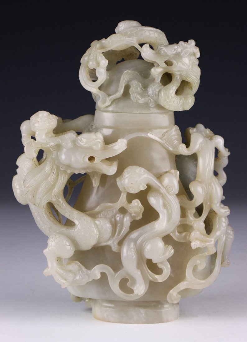 A Fine Chinese Jade Carved Dragon Lidded Vase (1 of 9)