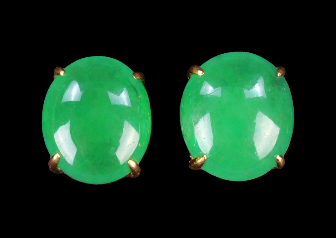 Pair Fine Apple Green Jadeite Earrings, 18K Gold (1 of 3)