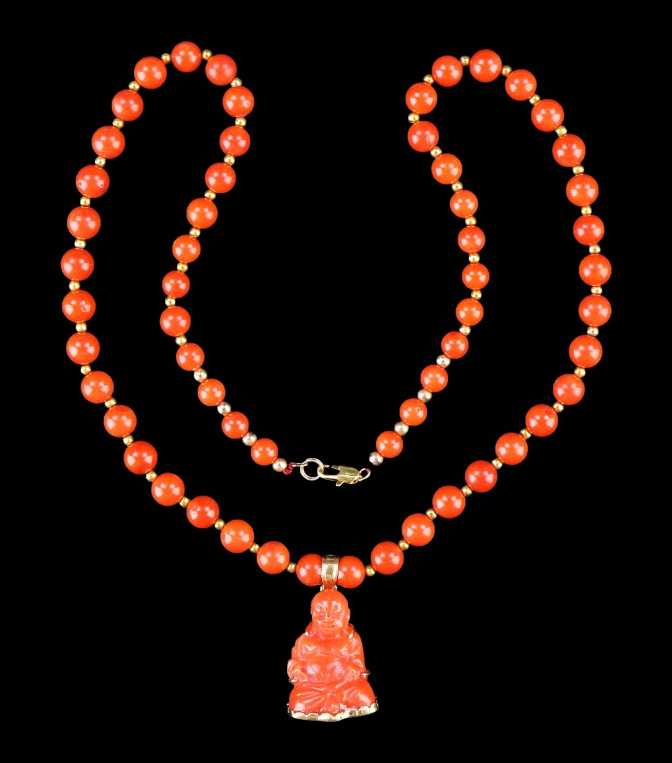 A Chinese Aka Red Coral Pendant With Bead Necklace, 14K (1 of 3)