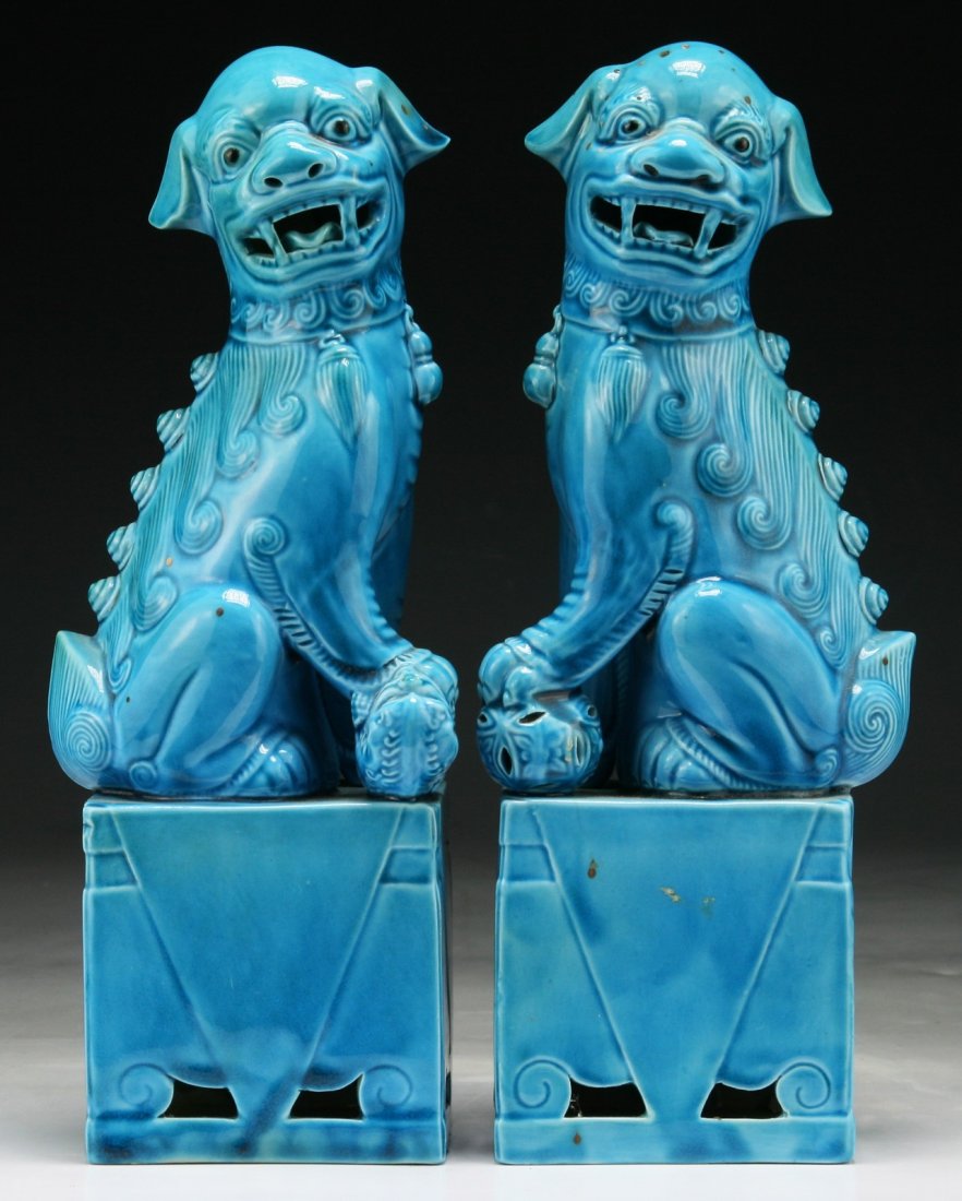 PAIR CHINESE ANTIQUE BLUE GLAZED PORCELAIN LIONS: Pair Chinese Antique Blue Glazed Porcelain Lions; Size: H: 10" (25.4cm) [Each]
