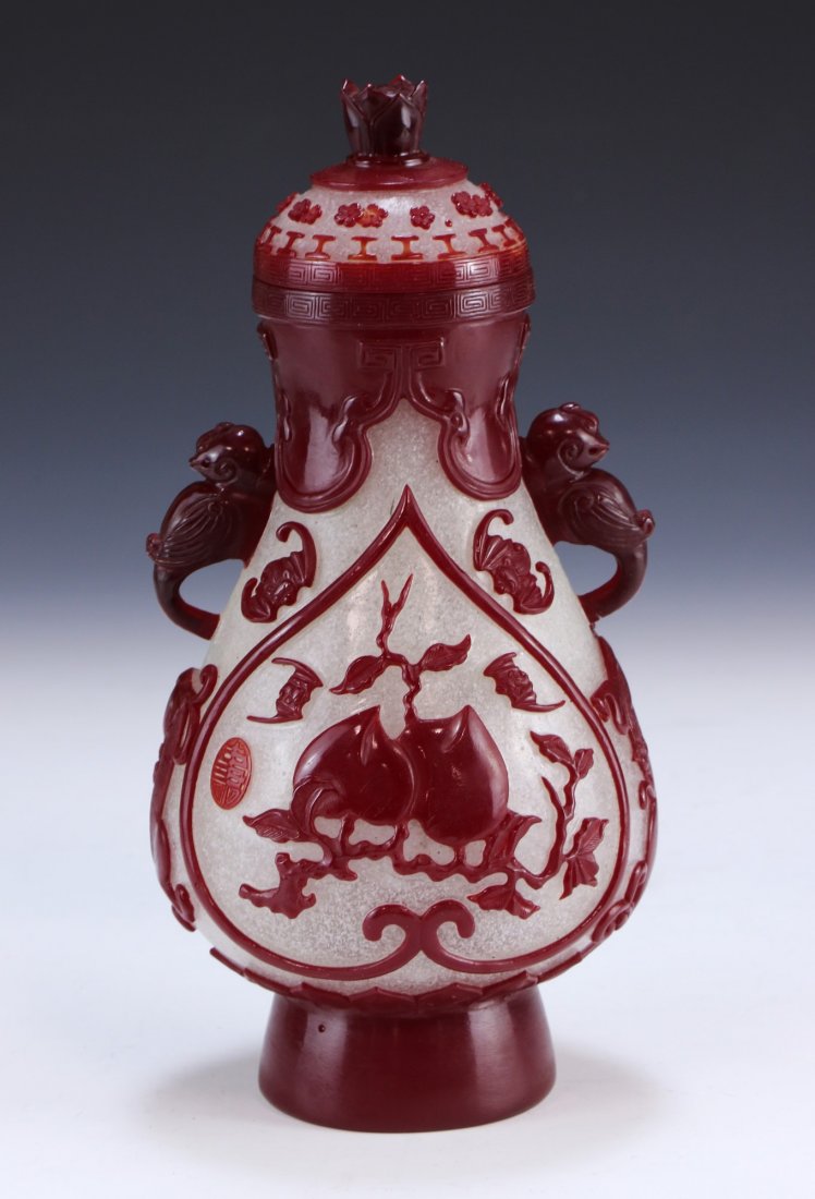 A Chinese Antique Peking Glass Lidded Vase: A Chinese Antique Peking Glass Lidded Vase: Of Pear Form, Finely Decorated With Birds And Bats Flying Around Blooming Flowers; Size: H: 9-1/2" (24.13cm)
