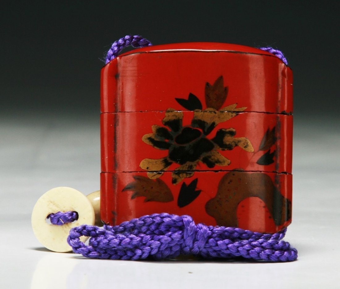 A JAPANESE ANTIQUE CINNABAR LACQUER INRO (1 of 3)