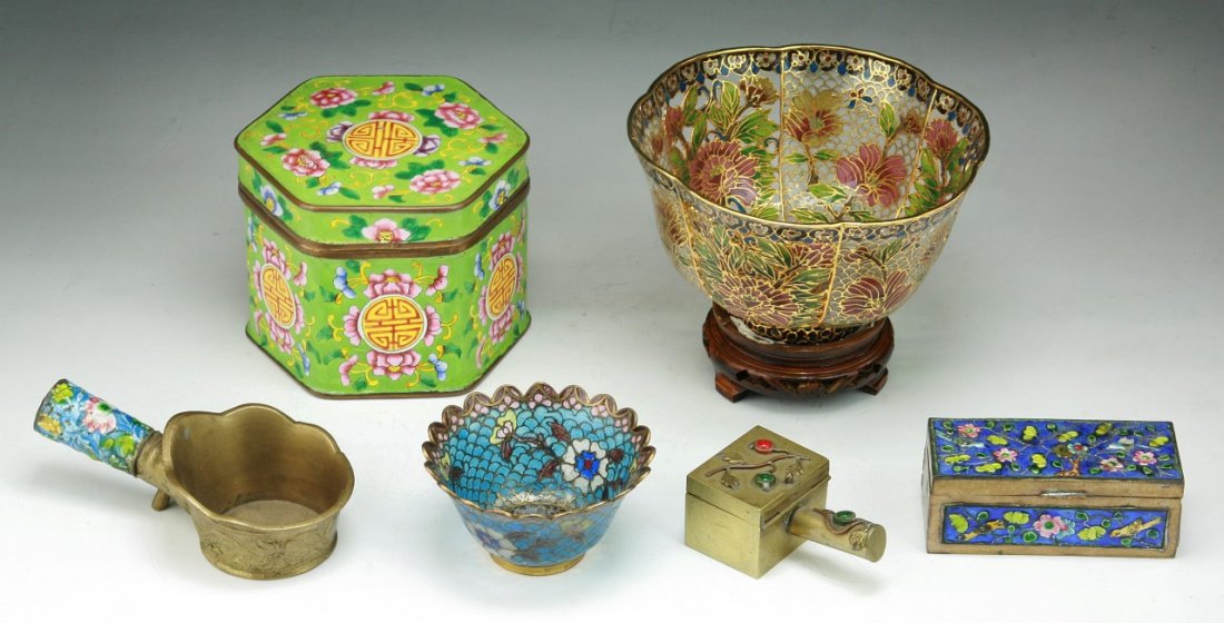 SIX (6) CHINESE ANTIQUE CLOISONNE BRONZE ITEMS (1 of 1)