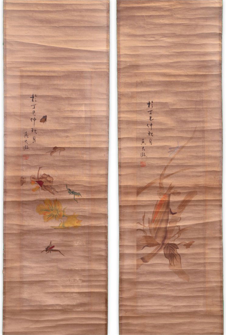 PAIR CHINESE PAPER HANGING PAINTING SCROLLS (1 of 6)