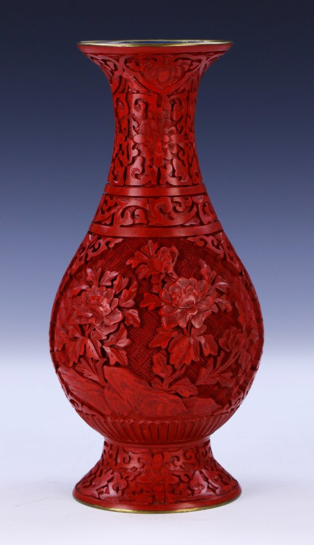 A Chinese Antique Red Cinnabar Lacquer On Bronze Vase (1 of 5)