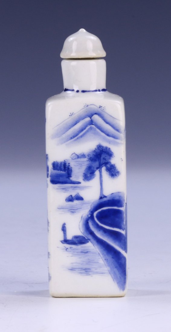 A CHINESE ANTIQUE BLUE & WHITE PORCELAIN SNUFF BOTTLE: A Chinese Antique Blue & White Porcelain Snuff Bottle: Of Rectangular Form, Each Side Of The Body Finely Painted With Overlooking Village Scenes, Four Character Qianlong Mark On The Base in Blue; Size