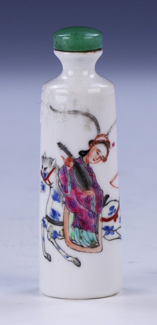 A Chinese Antique Famille Rose Porcelain Snuff Bottle: A Chinese Antique Famille Rose Porcelain Snuff Bottle: Of Cylindrical Form, Finely Painted With A Woman On A Horse Running Near A Man; Size: H: 2-3/4" (6.99cm)