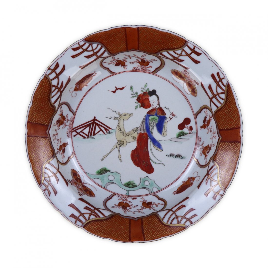 A Japanese Antique Porcelain Plate: A Japanese Antique Porcelain Plate: Finely Painted Along The interior Base With A Woman in Field Near A Deer, Blooming Flower Figures And Fish Painted Onto The Rim; Size: D: 11" (27.94cm)