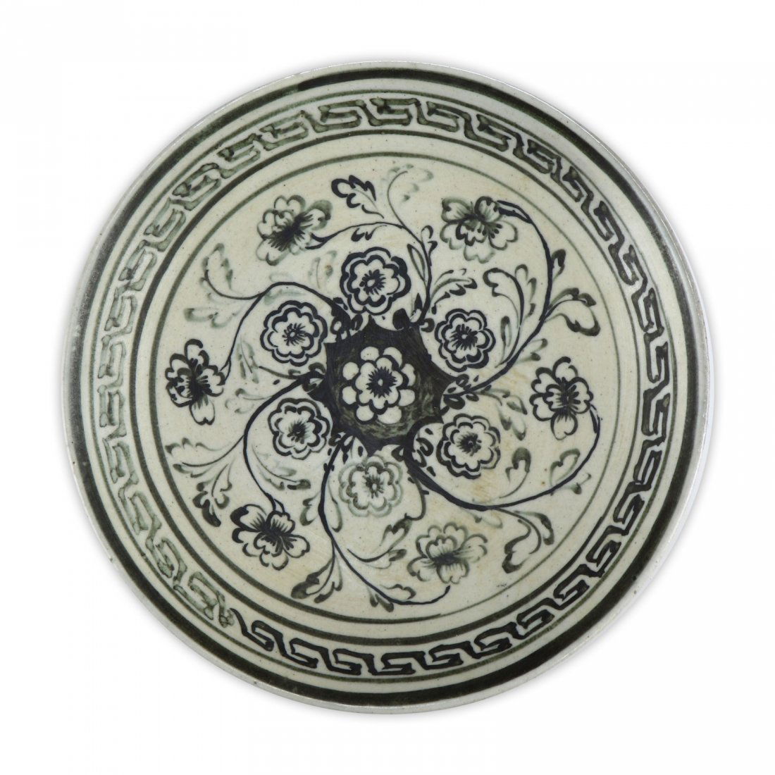 A CHINESE ANTIQUE POLYCHROME EARTHENWARE PLATE (1 of 3)