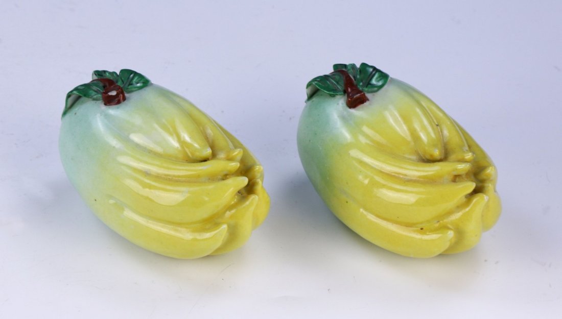 PAIR CHINESE FAMILLE ROSE PORCELAIN CITRONS: Pair Chinese Famille Rose Porcelain Citrons: Pair Chinese Antique Famille Rose Porcelain Citrons: Well Moulded As Finger Citron Fruits, Of Minguo Period; Size: L: 4-1/2" (11.43cm)