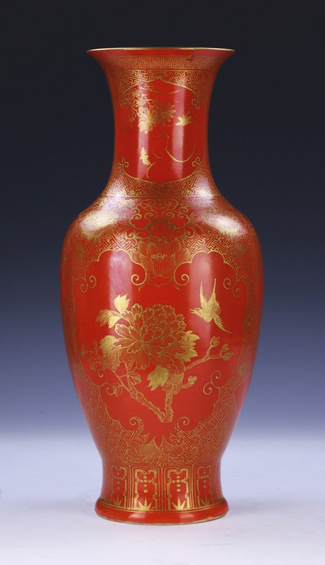 A CHINESE ANTIQUE GILT & CORAL RED GLAZED PORCELAIN: A Chinese Antique Gilt & Coral Red Glazed Porcelain Vase: Of Shouldered Form, Body Finely Painted With Two Nature Scene Panels Of Birds Amid Blooming Flowers, Rising To A Neck Painted With Two Additio