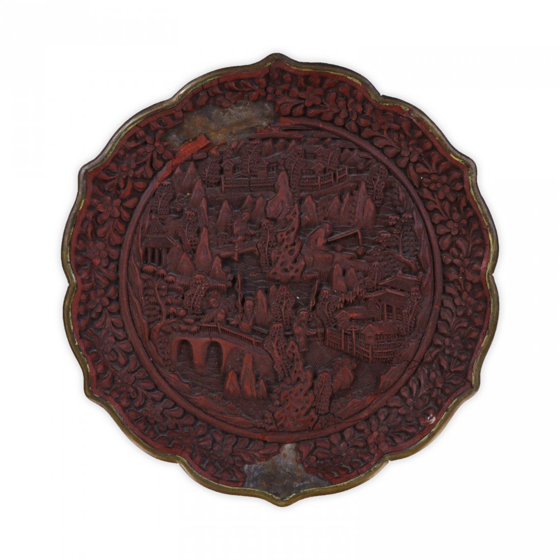 A CHINESE ANTIQUE RED CINNABAR LACQUER PLATE (1 of 3)