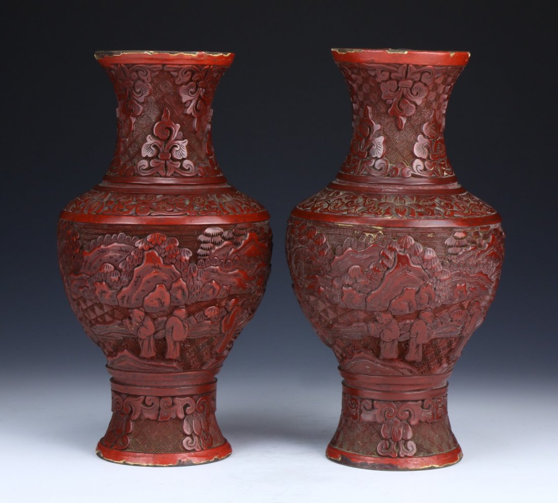 PAIR CHINESE ANTIQUE CINNABAR LACQUER VASES (1 of 5)