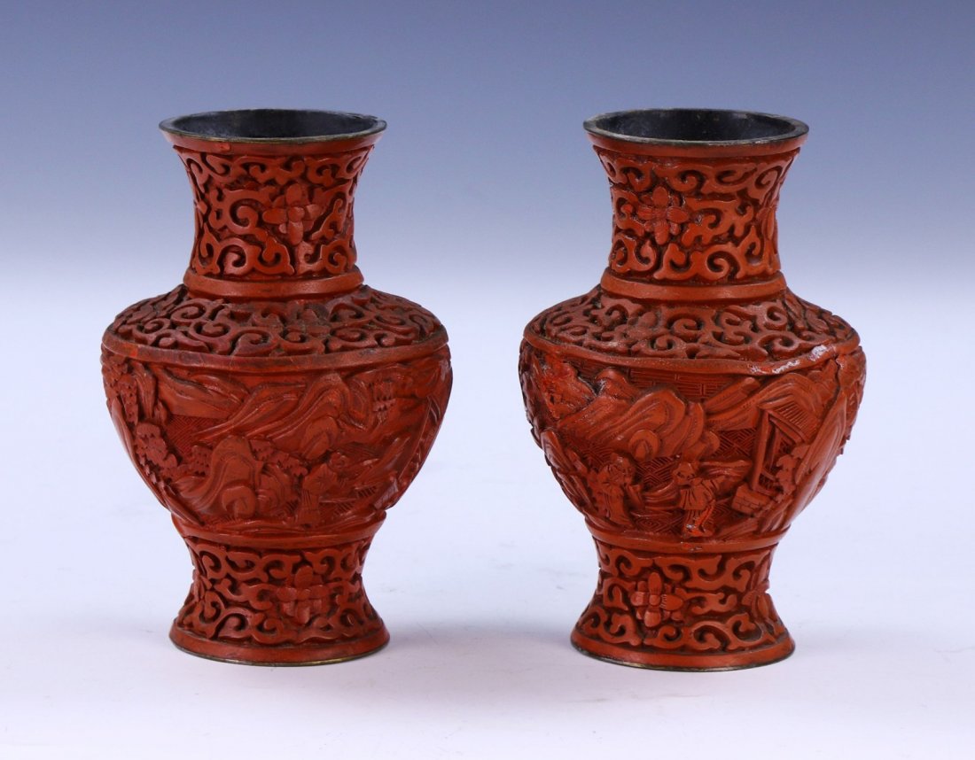 PAIR CHINESE ANTIQUE RED CINNABAR LACQUER VASES (1 of 4)