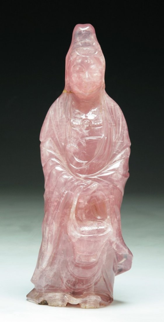 A CHINESE ANTIQUE CARVED ROSE QUARTZ GUANYIN (1 of 3)