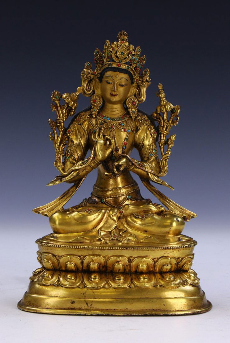 A TIBETAN ANTIQUE JEWELED GILT BRONZE CARVED MAITREYA (1 of 7)