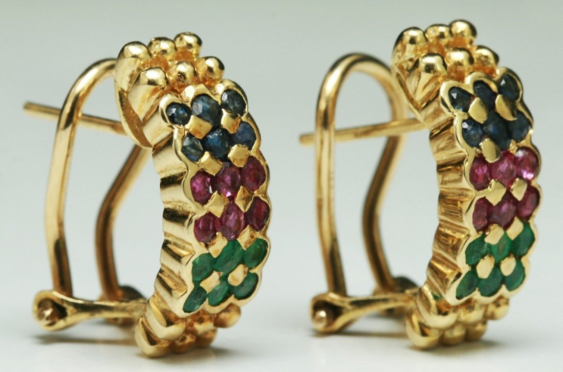 PAIR OF RUBY, SAPPHIRE & EMERALD EARRINGS (1 of 3)