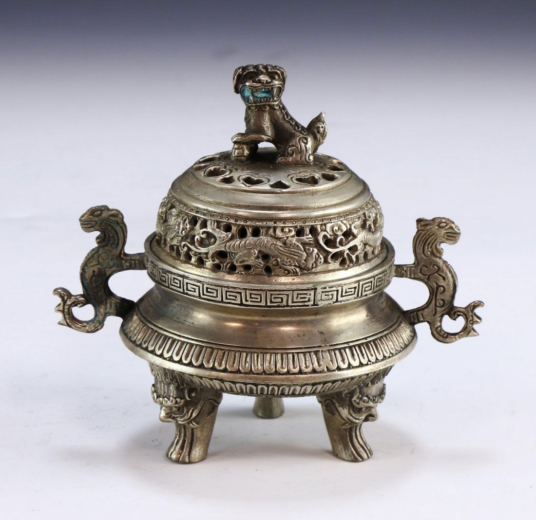 A Chinese Antique Metal Lidded Tripod Censer (1 of 5)