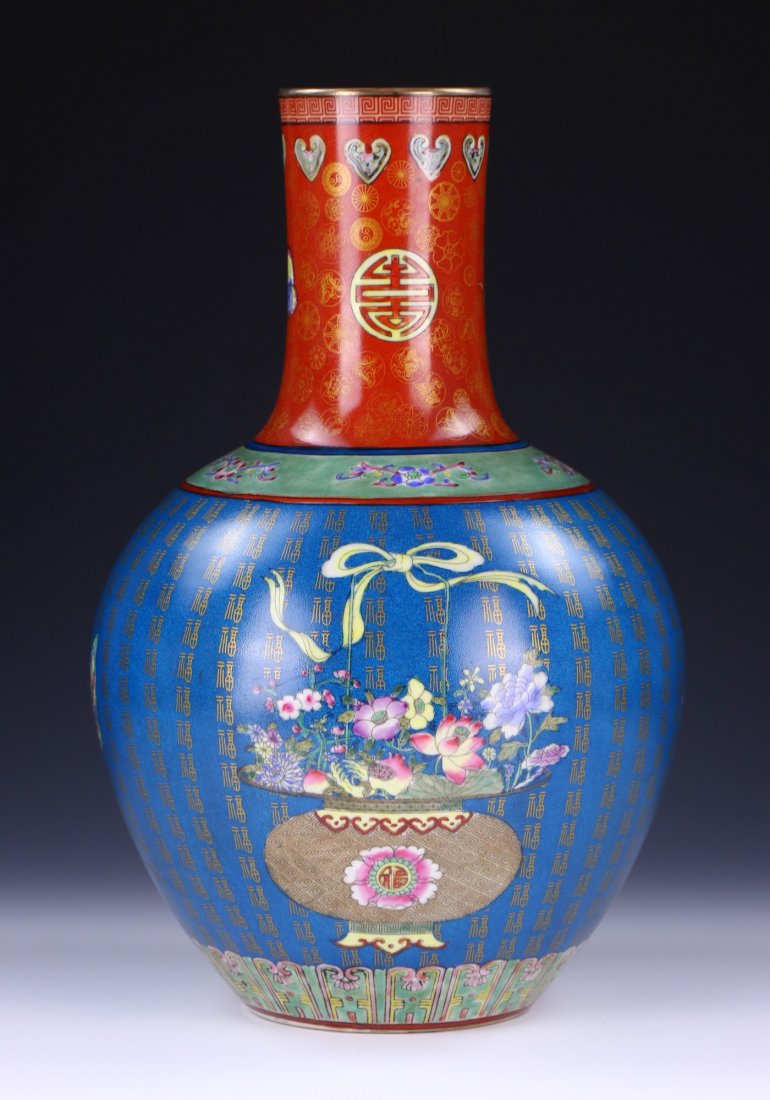 A CHINESE ANTIQUE FAMILLE ROSE PORCELAIN VASE: A Chinese Antique Famille Rose Porcelain Vase: Of Ovoid Form, Rising To A Cylindrical Neck And Rim With A Gilt Finish, Body Finely Painted With Potted Blooming Flowers Of Mixed Tones On Each Side, Nec