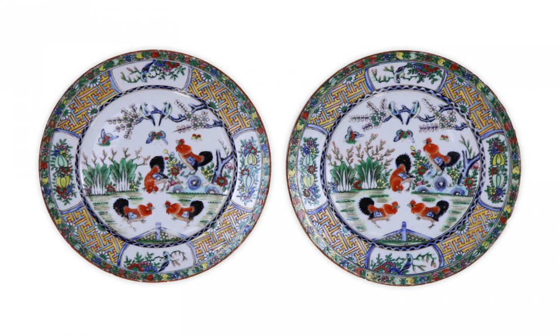 PAIR CHINESE ANTIQUE FAMILLE ROSE PORCELAIN PLATES (1 of 3)