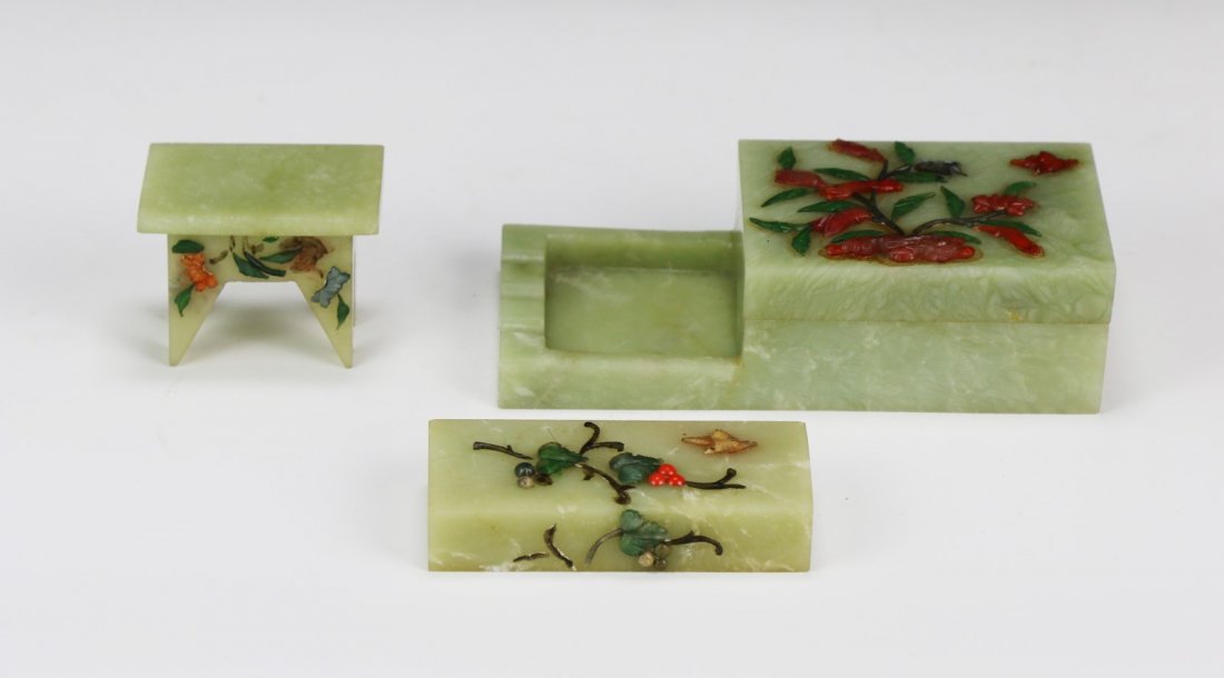 THREE (3) CHINESE SERPENTINE JADE CARVED SCHOLAR SET (1 of 1)