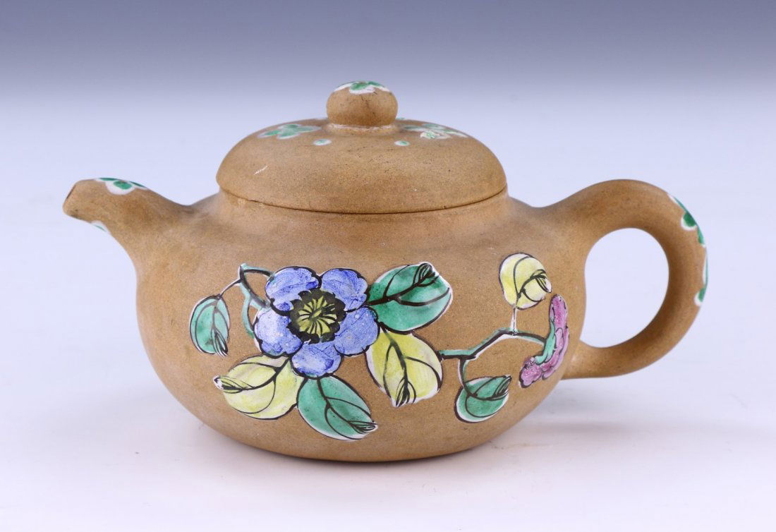A CHINESE YIXING POLYCHROME ZISHA TEAPOT (1 of 8)