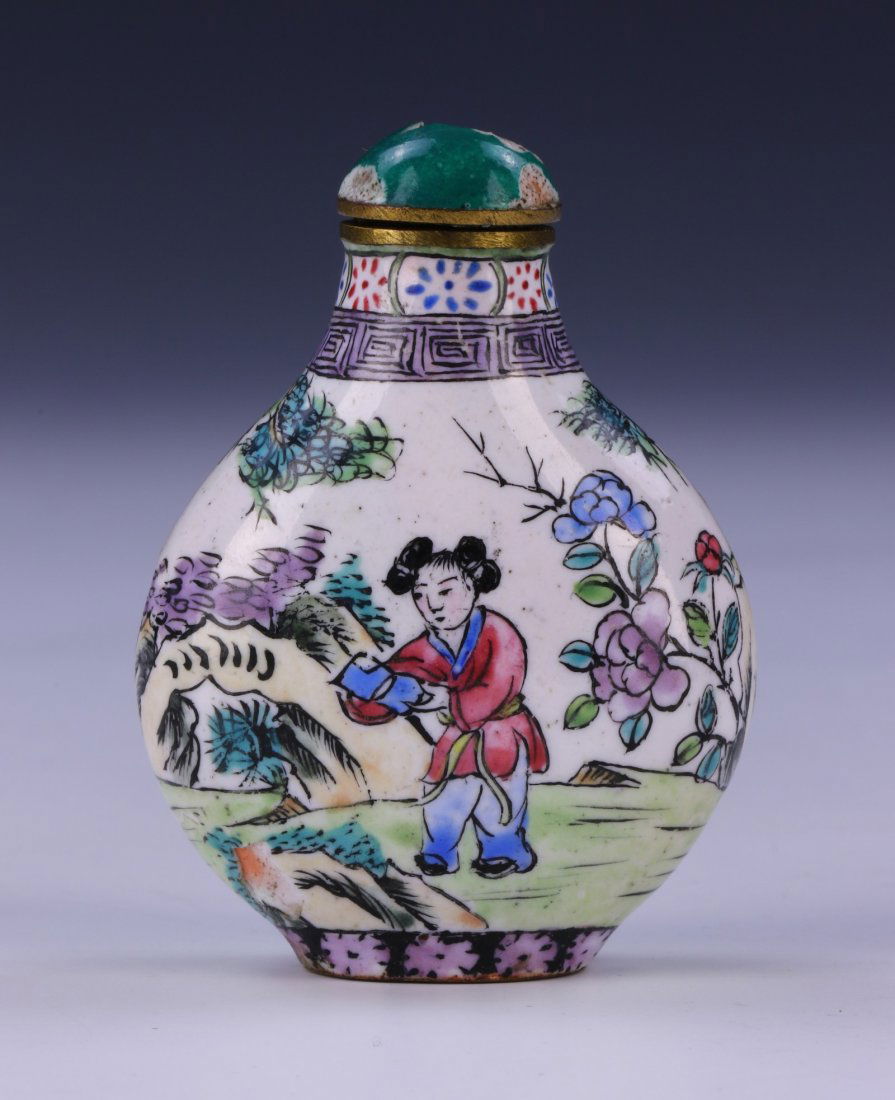 A CHINESE ANTIQUE CLOISONNE ENAMEL SNUFF BOTTLE: A Chinese Antique Cloisonne Enamel Snuff Bottle: Of Ovoid Form, Rising To A Cylindrical Neck And Green Domed Lid, Body Finely Painted With Two Figures Amid A Courtyard Surrounded By Blooming Flowers A