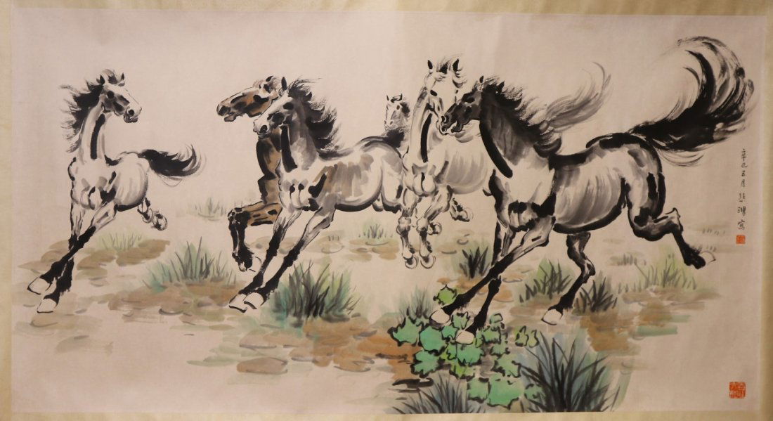 A LARGE PAPER PAINTING SCROLL BY XU, BEIHONG (1 of 7)