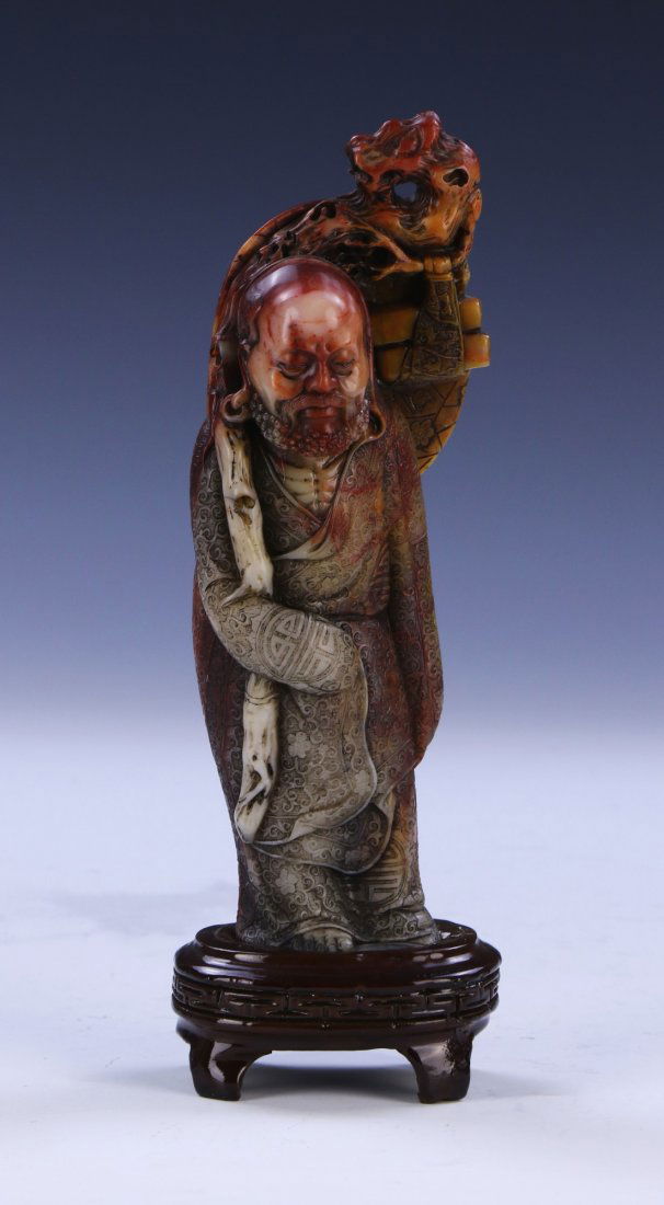 A FINE CHINESE SHOUSHAN SOAPSTONE CARVED LUOHAN (1 of 4)