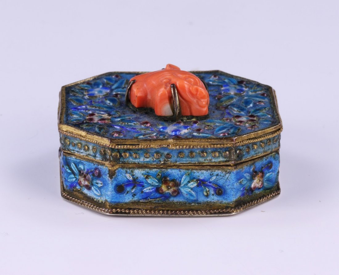 A CHINESE ANTIQUE CORAL & CLOISONNE ON SILVER JEWELRY (1 of 7)