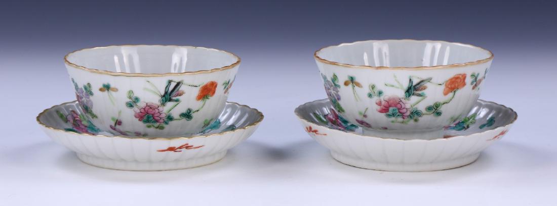 PAIR CHINESE ANTIQUE FAMILLE ROSE PORCELAIN BOWLS WITH: Pair Chinese Antique Famille Rose Porcelain Bowls With Saucer: Of Rising Sides, Each Bowl And Saucer Finely Painted With Blooming Flowers Of Mixed Tones Amid Long Stems, Saucers With A Four Character