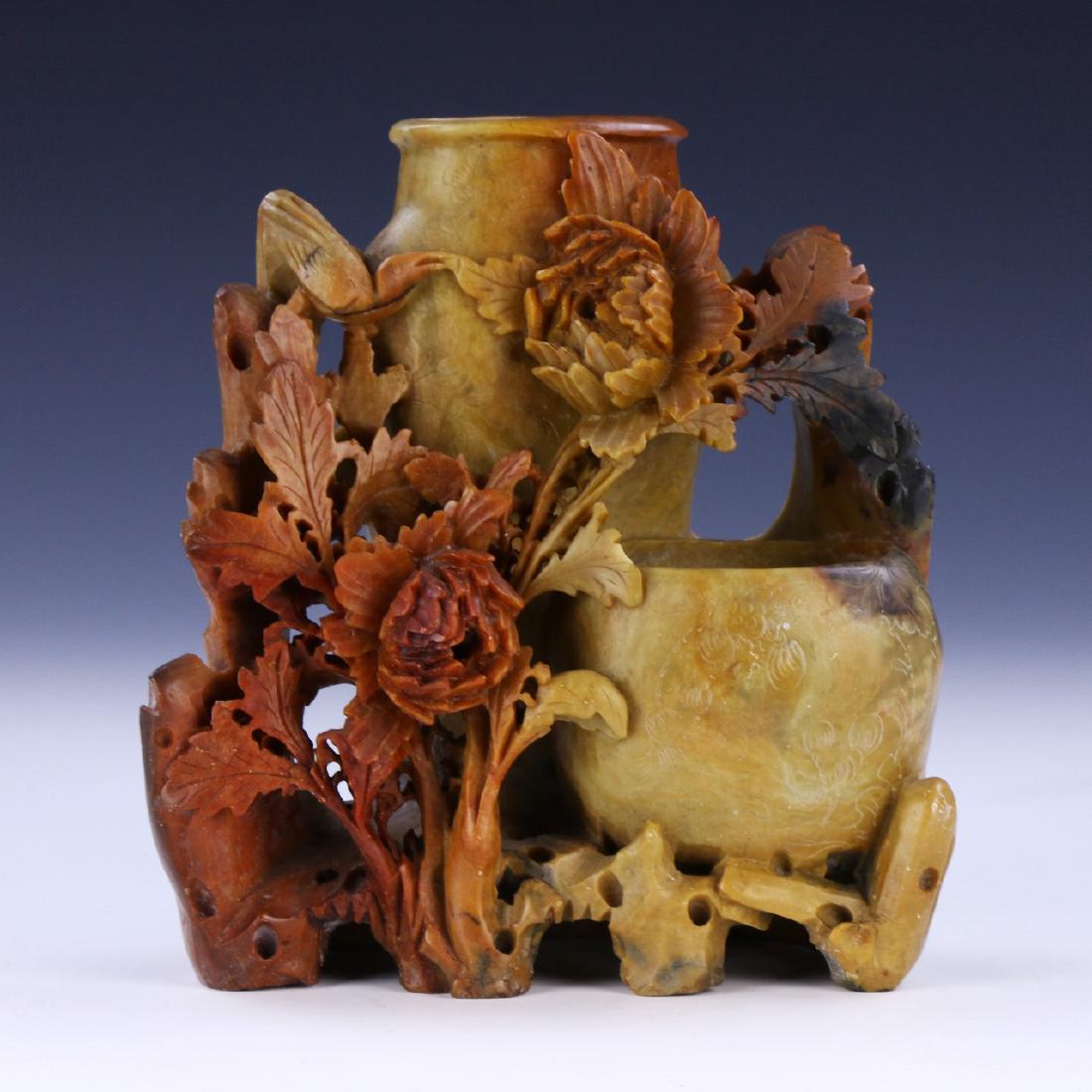 A SOAPSTONE CARVED VASE GROUP (1 of 5)