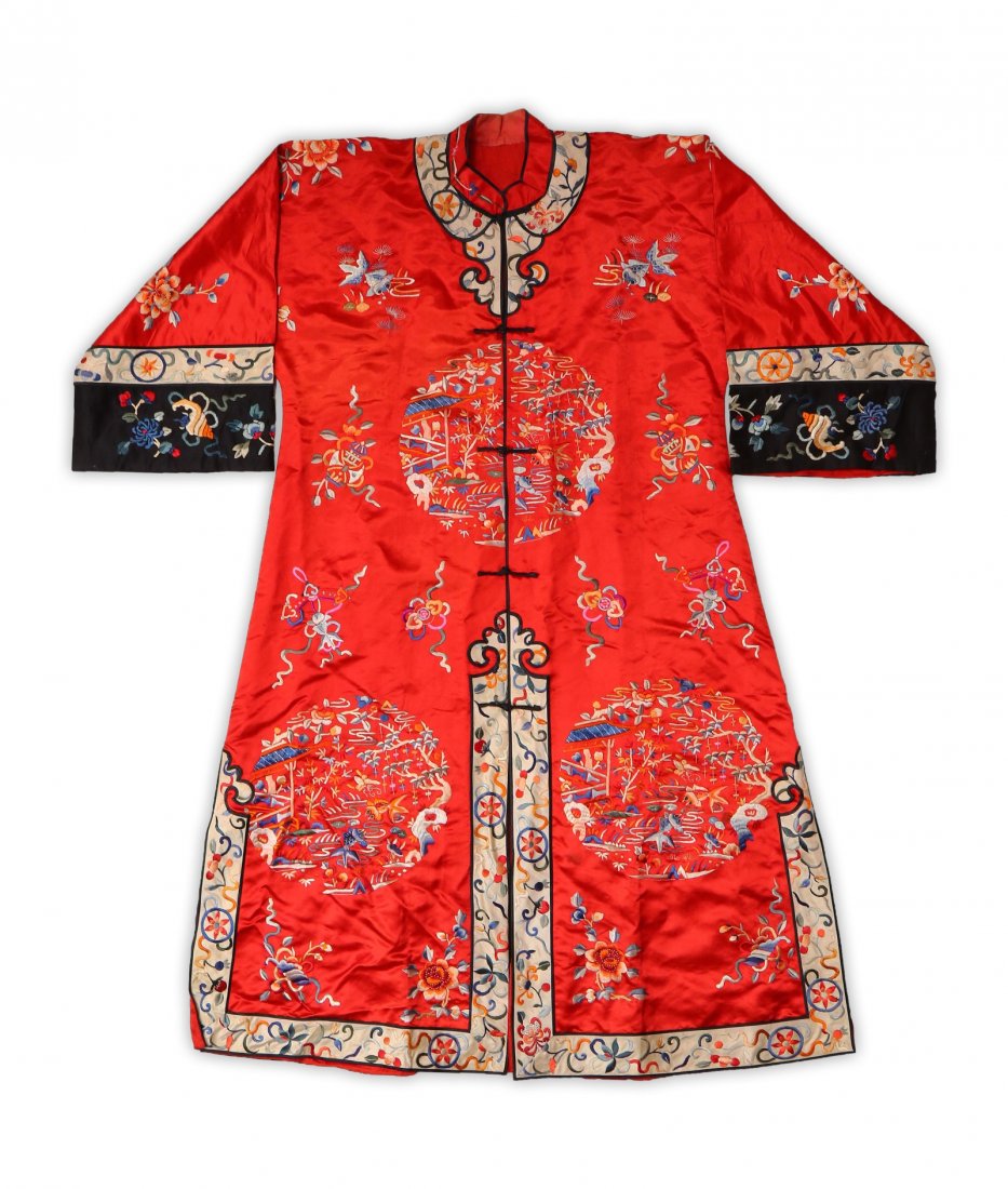 A CHINESE RED EMBROIDERED SILK ROBE (1 of 4)