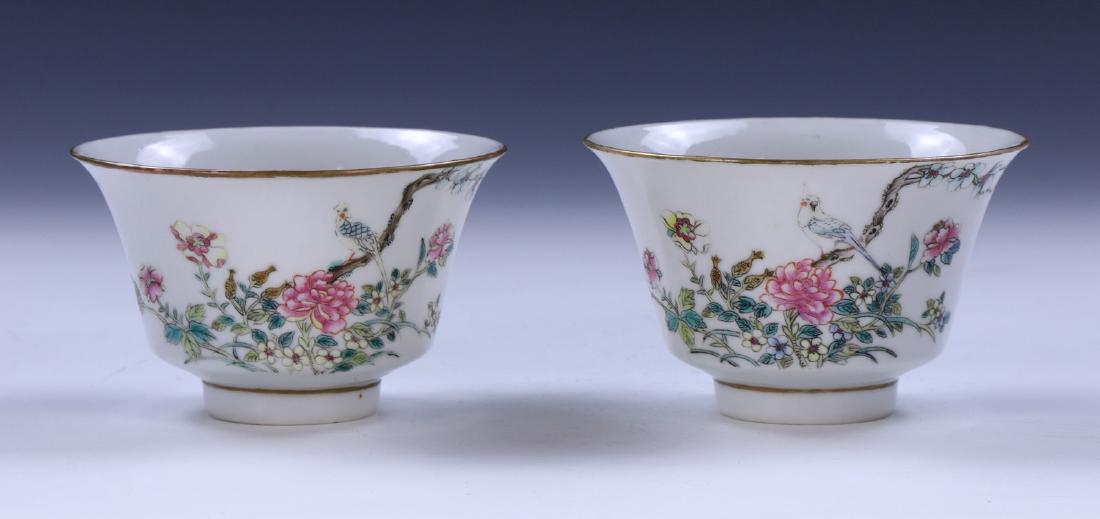 PAIR CHINESE ANTIQUE FAMILLE ROSE PORCELAIN TEACUPS (1 of 4)