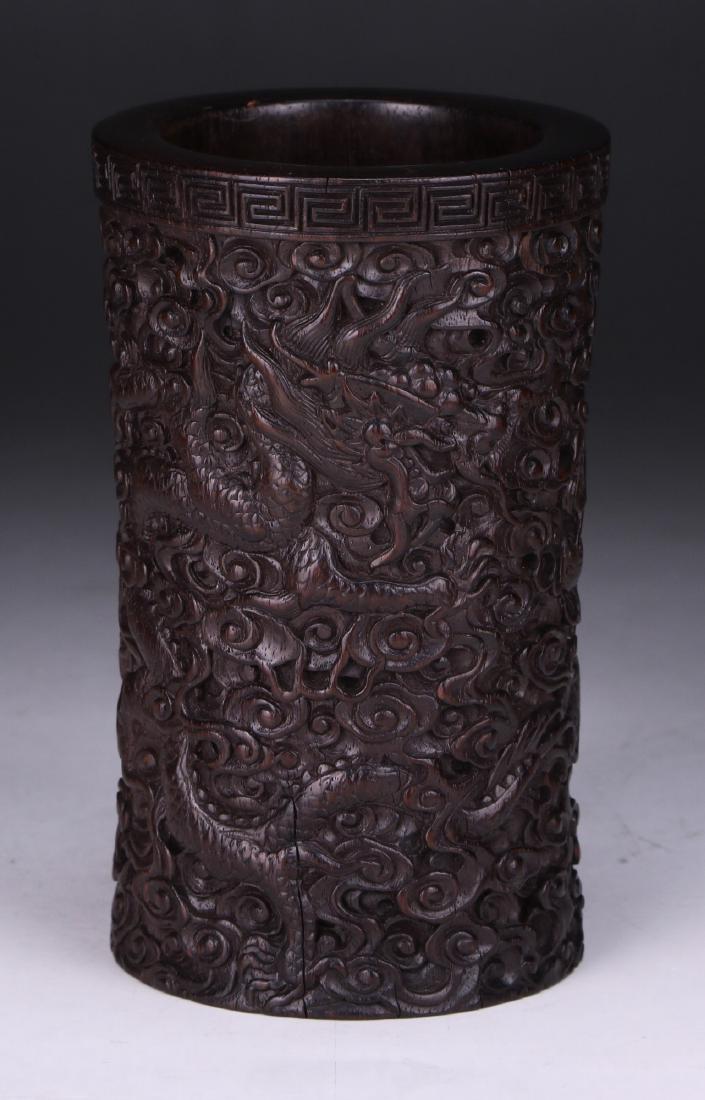 A CHINESE ANTIQUE ZITAN CARVED BRUSHPOT (1 of 6)