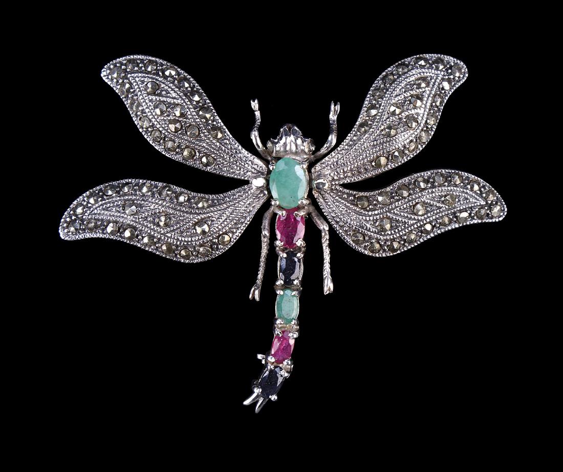 A BIG NATURAL EMERALD, SAPPHIRE & RUBY BROOCH (1 of 3)