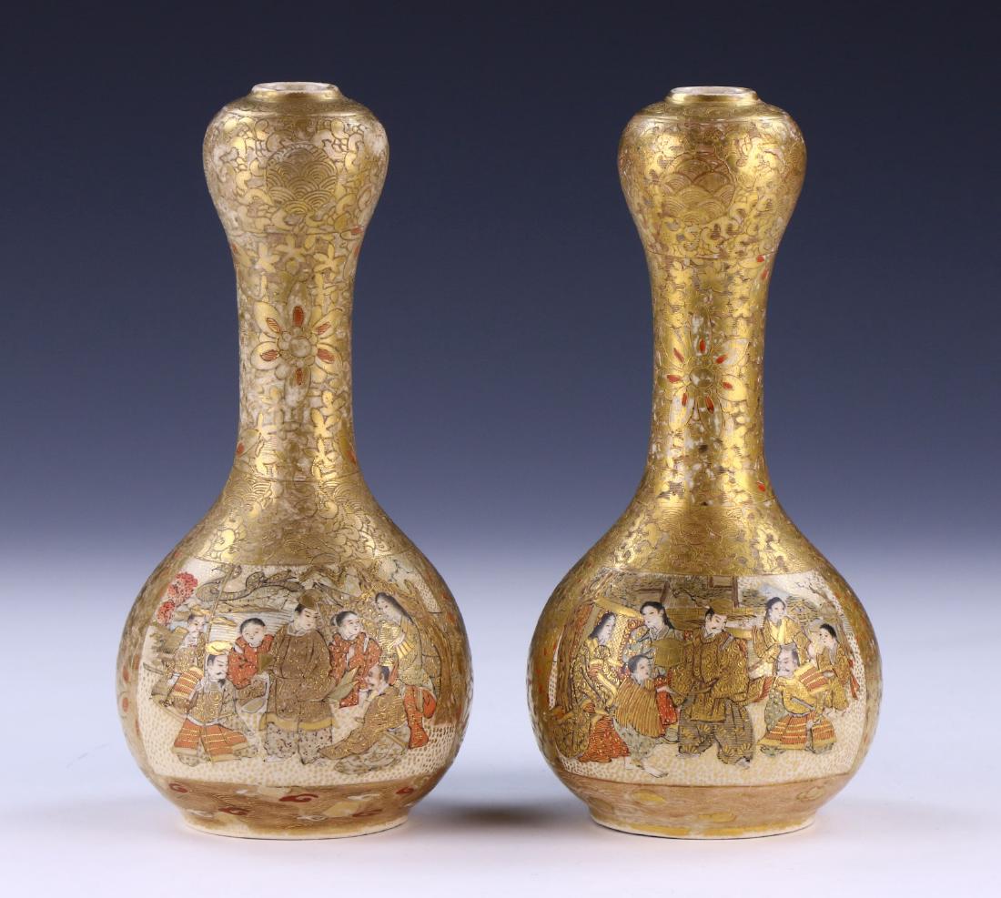 PAIR CHINESE ANTIQUE GILT GLAZED PORCELAIN VASES: Pair Chinese Antique Gilt Glazed Porcelain Vases: Bodies Of Globular Form, Rising To Cylindrical Necks And Bulbous Rims, Each Finely Painted With Two Courtyard Scenes Amid Blooming Flower Figures And