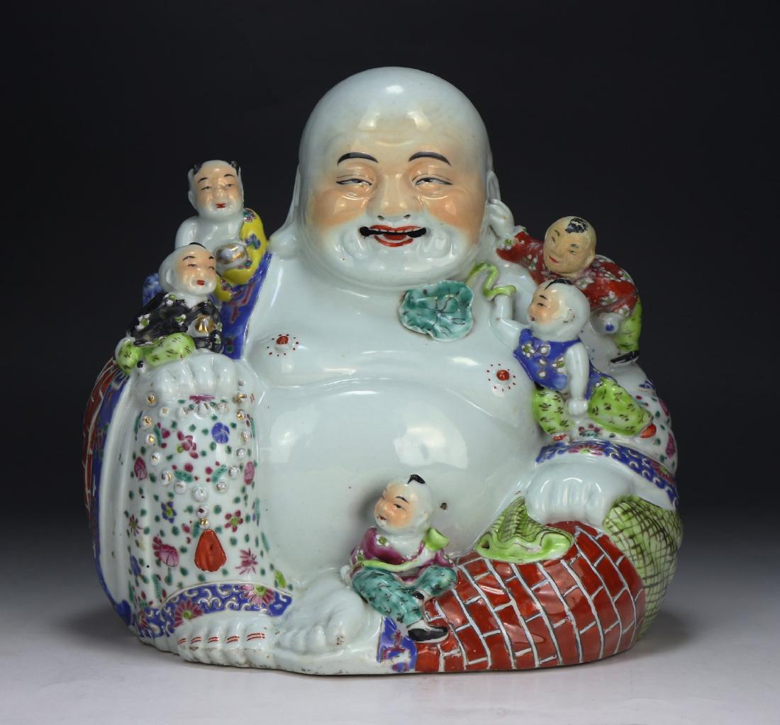 A CHINESE ANTIQUE FAMILLE ROSE PORCELAIN BUDDHA: 民國茂記生造粉彩彌勒佛像A Chinese Antique Famille Rose Porcelain Buddha: Finely Painted As Buddha in A Seated Position Draped in