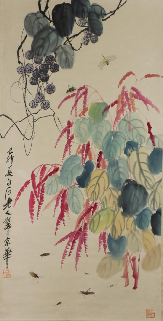 A CHINESE PAPER HANGING PAINTING SCROLL BY QI, BAISHI (1 of 3)