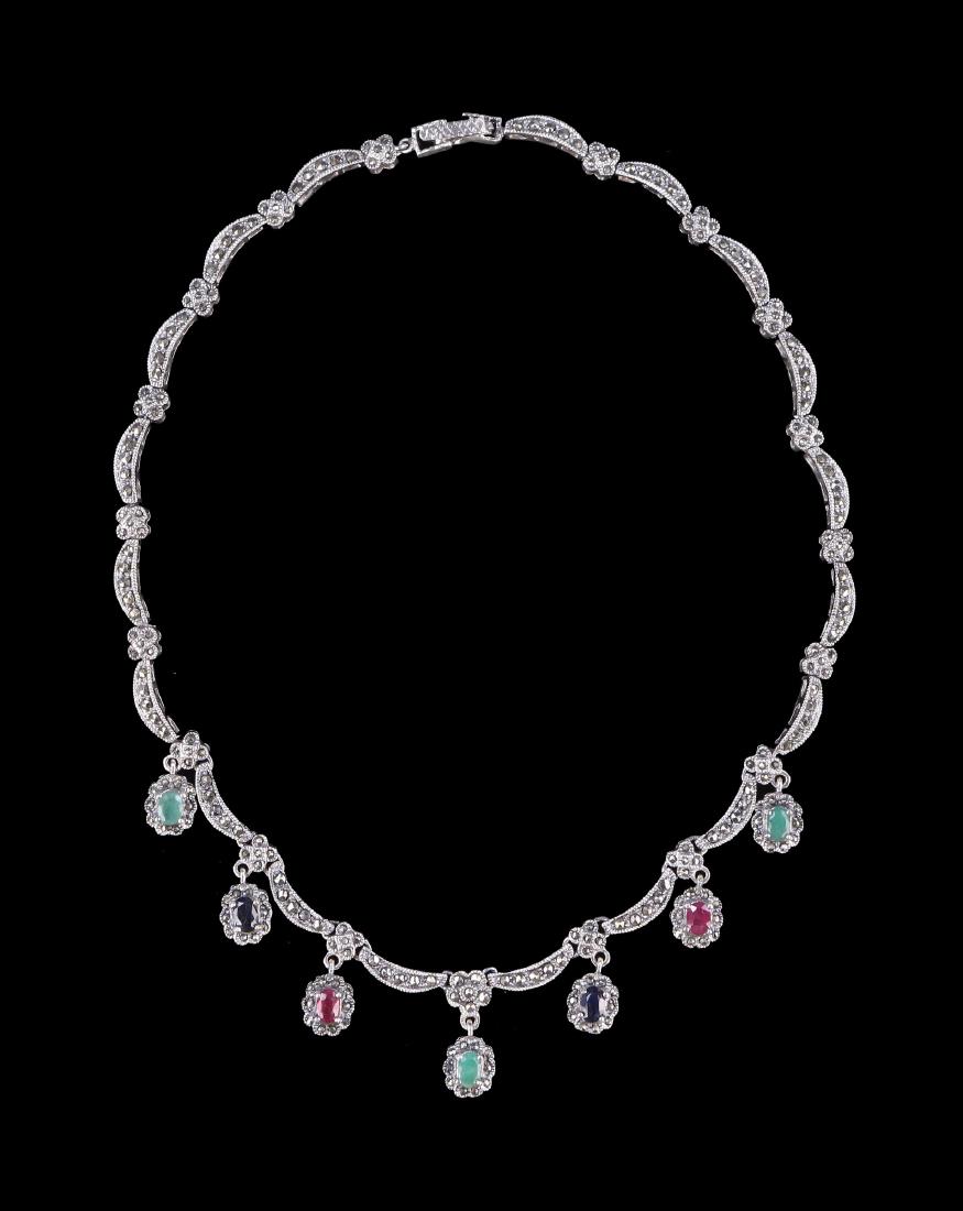 A NATURAL EMERALD, SAPPHIRE & RUBY NECKLACE, 14K WHITE (1 of 3)