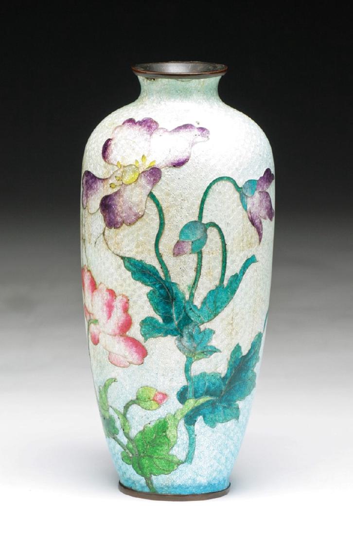 A JAPANESE ANTIQUE SILVER ANDO CLOISONNE VASE: A Japanese Antique Silver Ando Cloisonne Vase: Of Rounded Body With Short Neck, Of 19Th Century; Size: H: 6" (15.24cm)