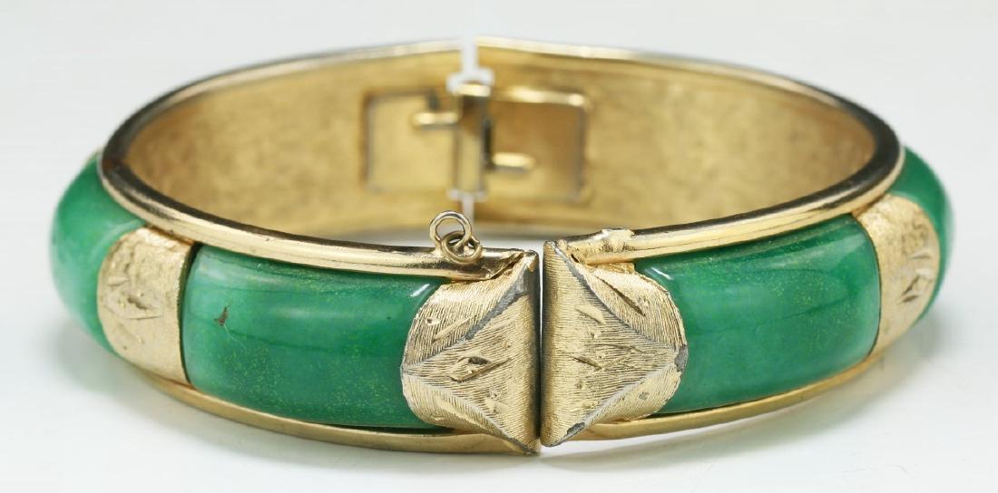 AN APPLE JADEITE & GILT ON SILVER BANGLE (1 of 3)