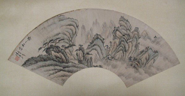 A Chinese Fan painting of landscape: A Chinese Fan painting of landscape , Signed and Style of Lu Yanshao ,size: 68 x 38 CM