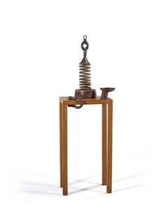 Richard TEXIER (French, b. 1955): La Vertical du M1992Bronze, wooden stand; unique48(L) x 62(W) x180(H) cmSigned on the bottom of the base R. TEXIER , titled La vertical du M, inscribed Paris , and dated 1992ILLUSTRTED:Patrick Grainvi