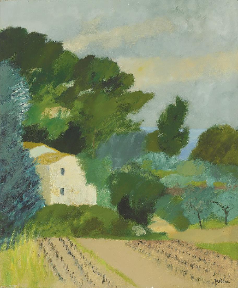 Guy BARDONE (French, 1927-2015): Maison aux pins maritimes - Bandol1988Oil on canvas73.5 x 60 cmSigned lower right Bardone in FrenchSigned on the stretcher G. Bardone , inscribed 20F titled – MAISON AUX PINS MARITIMES - Bandol in F