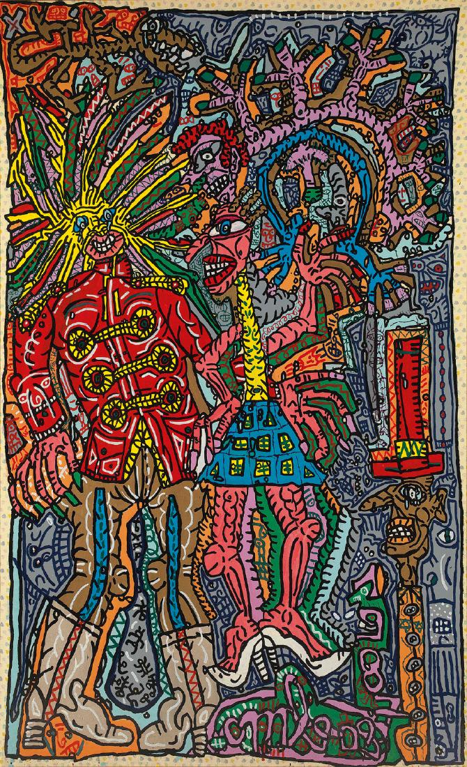 Robert COMBAS (French, b. 1957): Le Roi Soleil1987Acrylic on printed fabric218 x 134 cmSigned lower right Combas and dated 1987PROVENANCE:Private collection, Asia