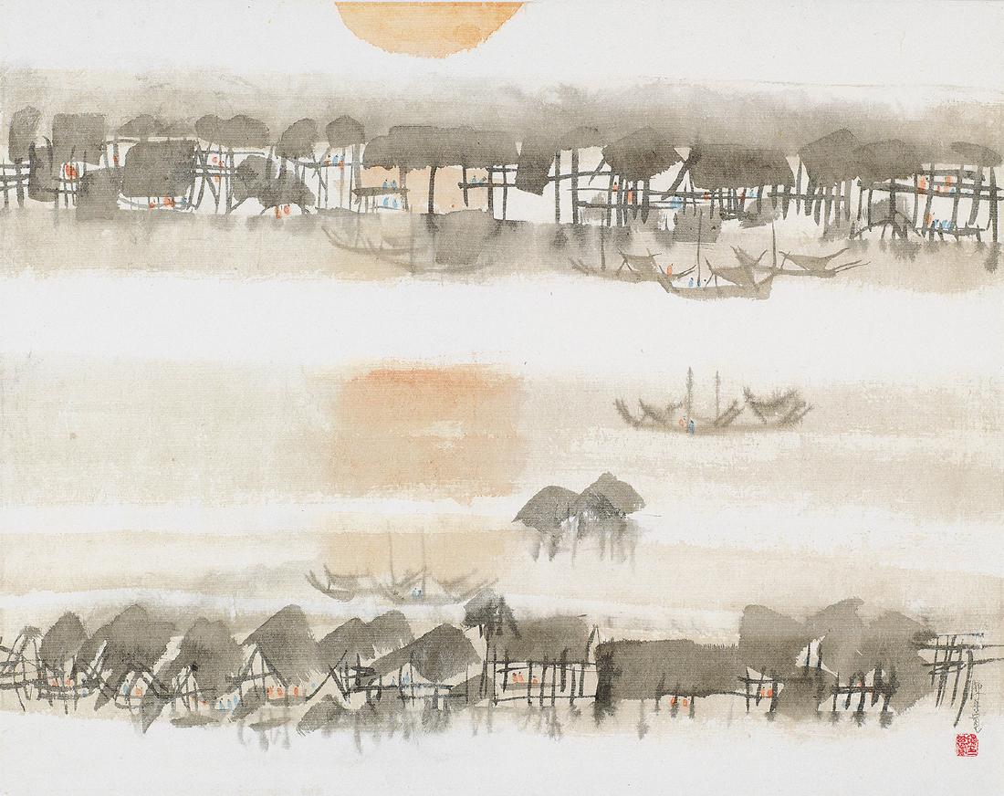 CHEN Chi-kwan (Taiwanese, 1921 - 2007): Morning Mist1986Ink and color on paper (hanging scroll)34 x 43 cmSigned lower right Chen Chi-kwan in ChineseWith one seal of the artistPROVENANCE:Magnet Art Gallery, TaipeiAcquired from the above by t