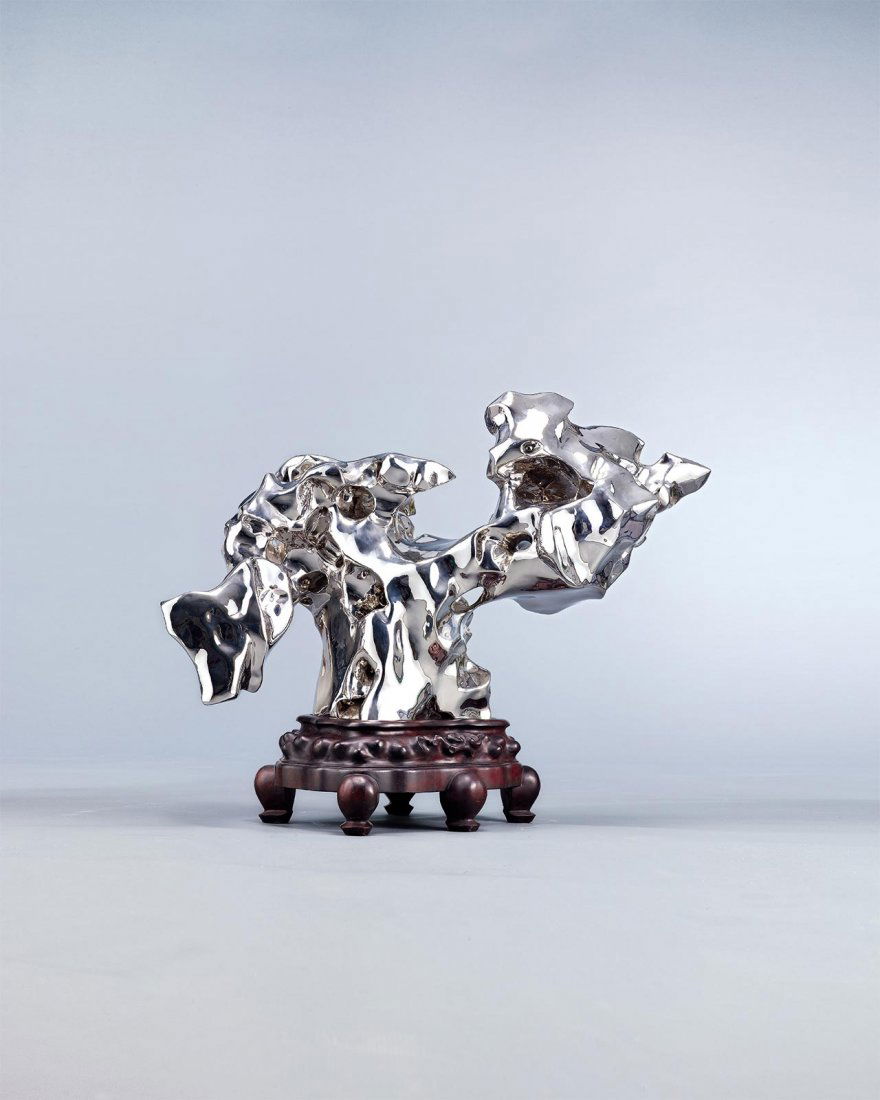 ZHAN Wang: Artificial Garden Rock 101# 2006 Stainless steel and wood, edition no. 2/4 96(L) x 55(W) x 72(H) cm (with wood base)