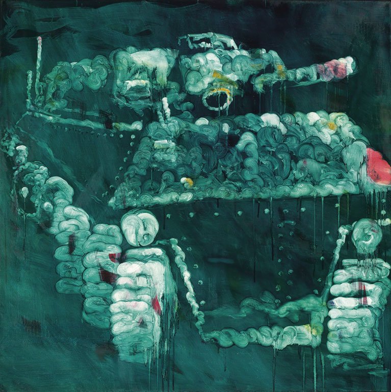 Chang-Ling: Pork Belly Series: Flesh Weapons - Multiple Wheeled Armored Vehicle 2005 Oil on canvas 130x130cm